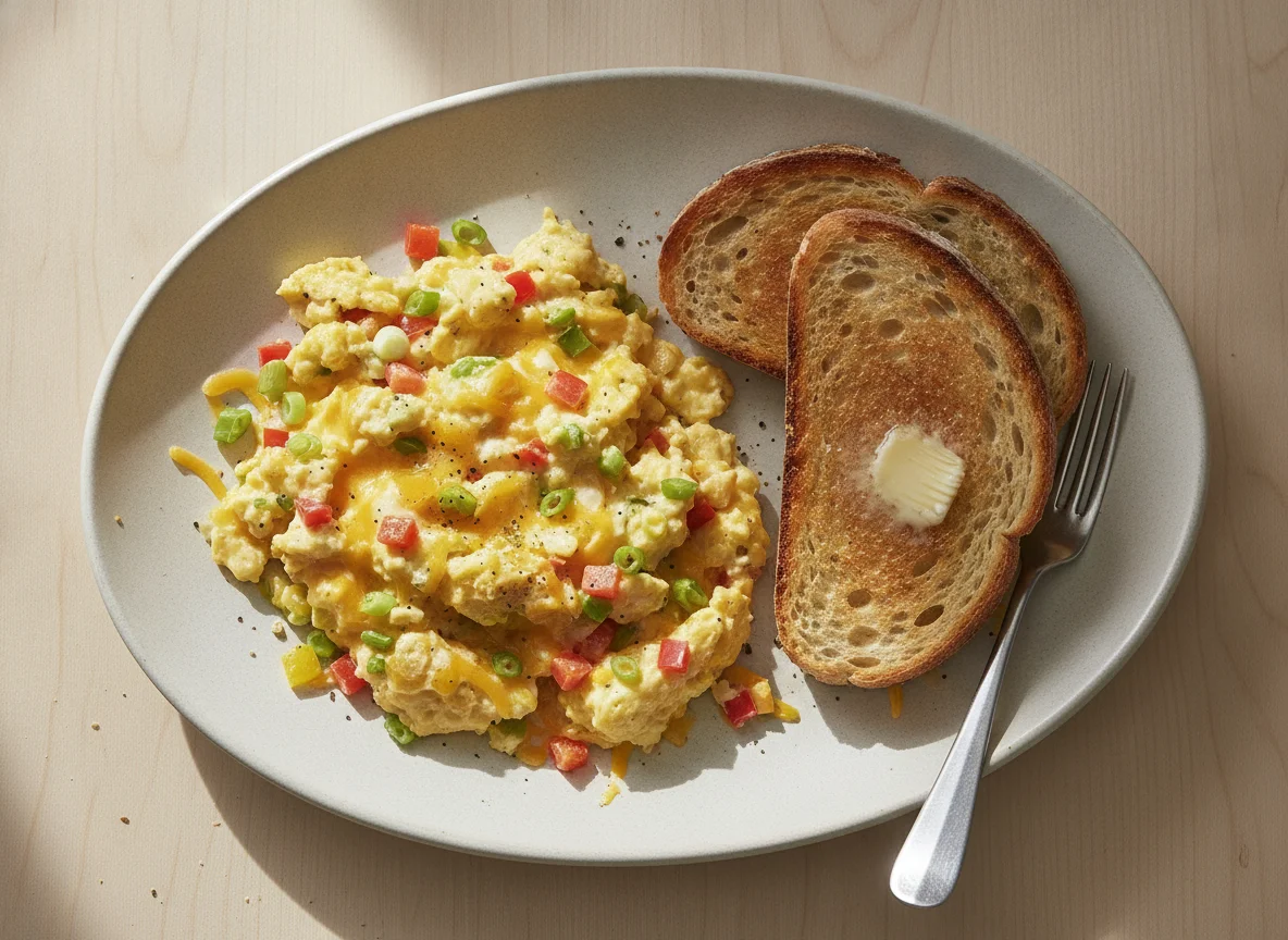 Scrambled Eggs with Cheese and Vegetables photo