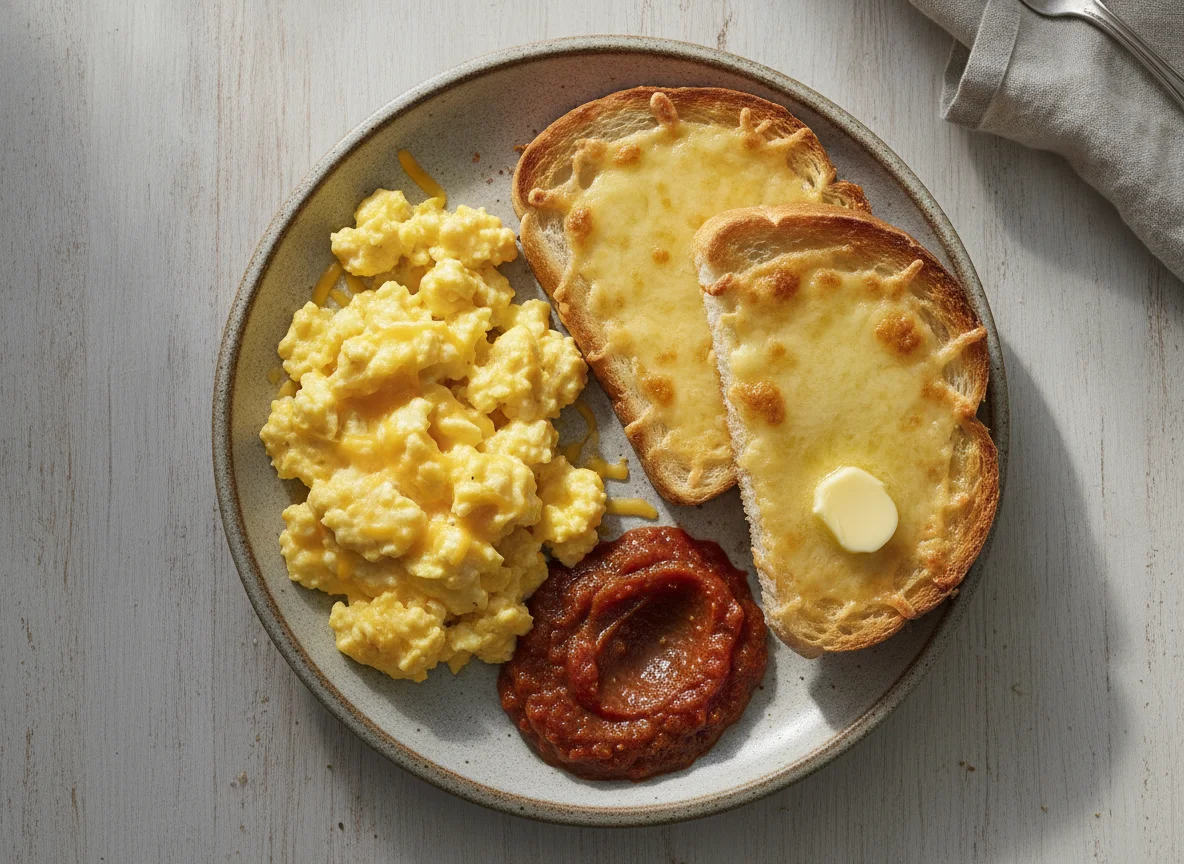 Scrambled eggs with cheese toast and tomato chutney photo