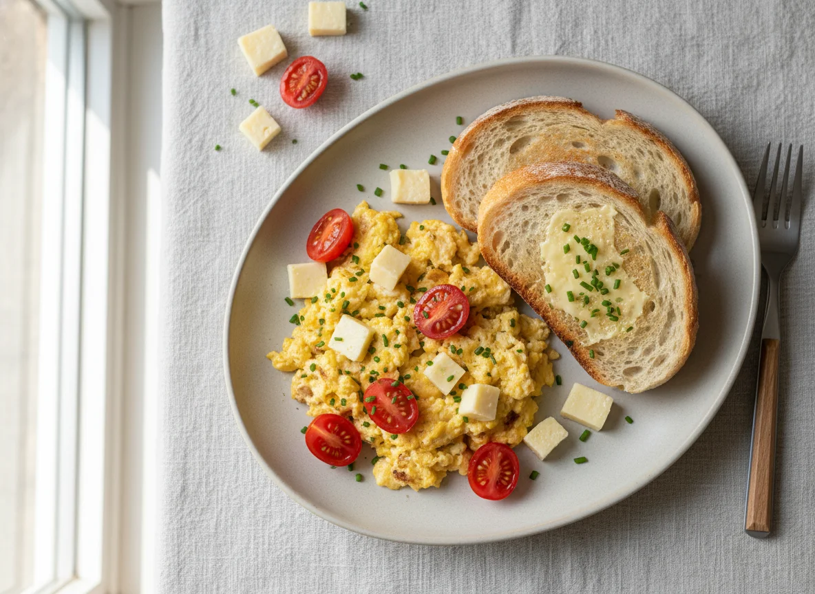Scrambled Eggs with Cheese, Tomatoes, and Bread photo