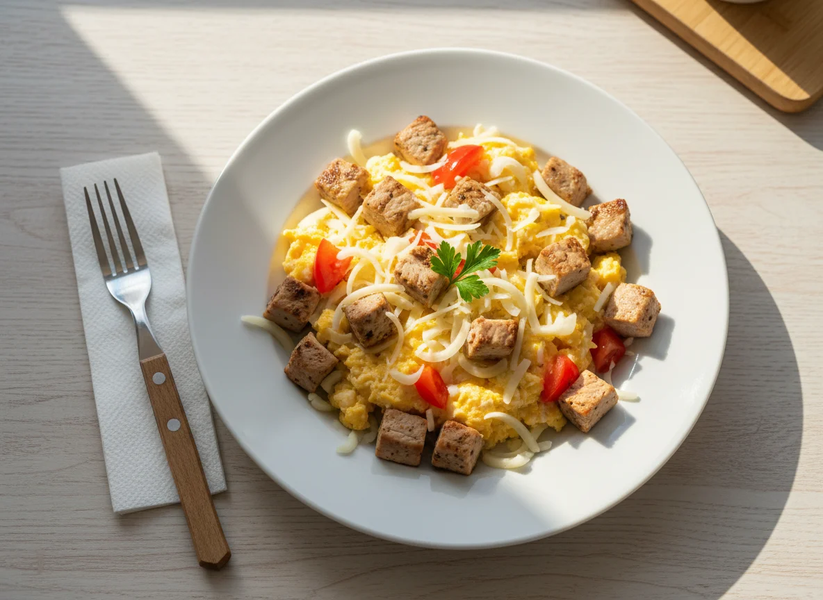 Scrambled Eggs with Cheesy Turkey Steaks photo
