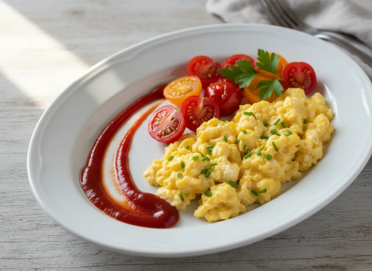 Scrambled Eggs with Cherry Tomatoes and Ketchup photo