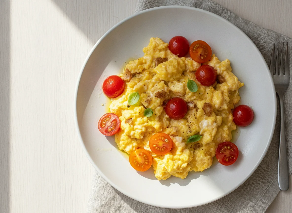 Scrambled eggs with cherry tomatoes photo