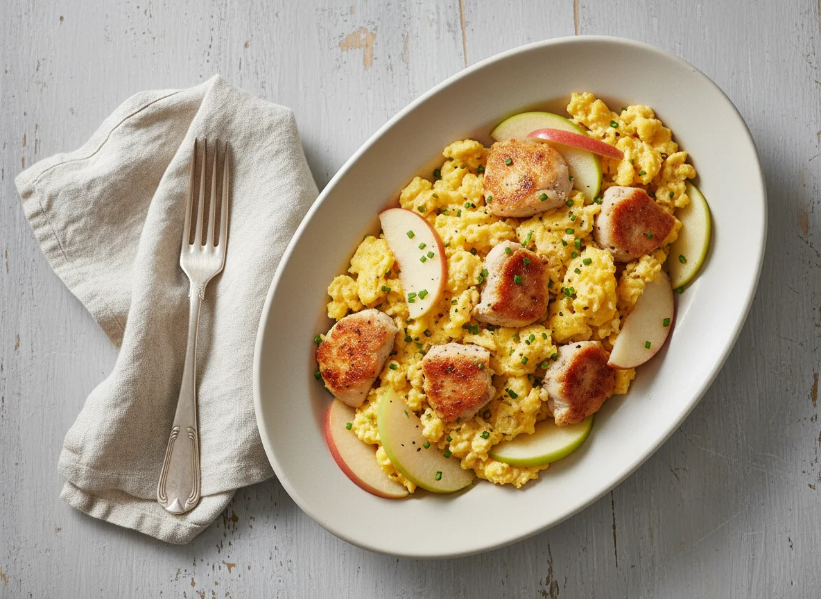 Scrambled eggs with chicken and apple slices photo
