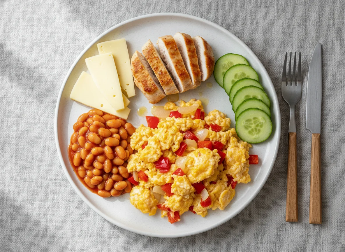Scrambled eggs with chicken, beans, cheese and cucumber photo
