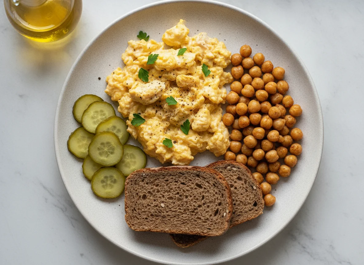 Scrambled eggs with chicken, roasted chickpeas, pickles and rye bread photo