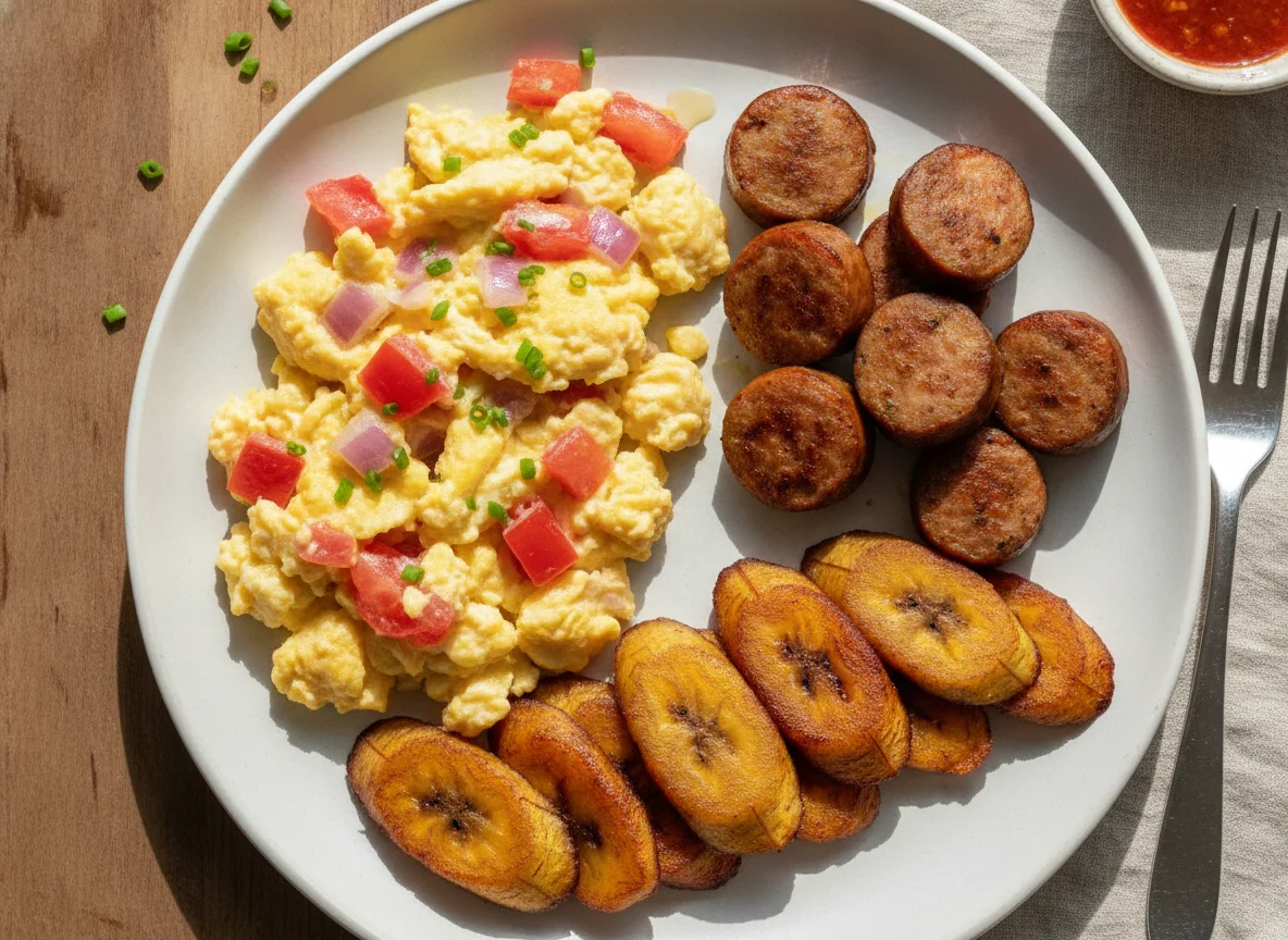 Scrambled eggs with chicken sausage and fried plantain photo