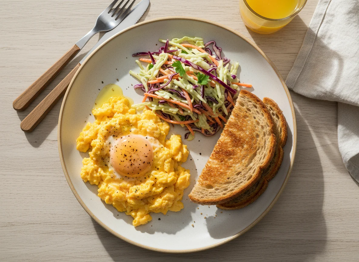 Scrambled Eggs with Coleslaw and Toast photo