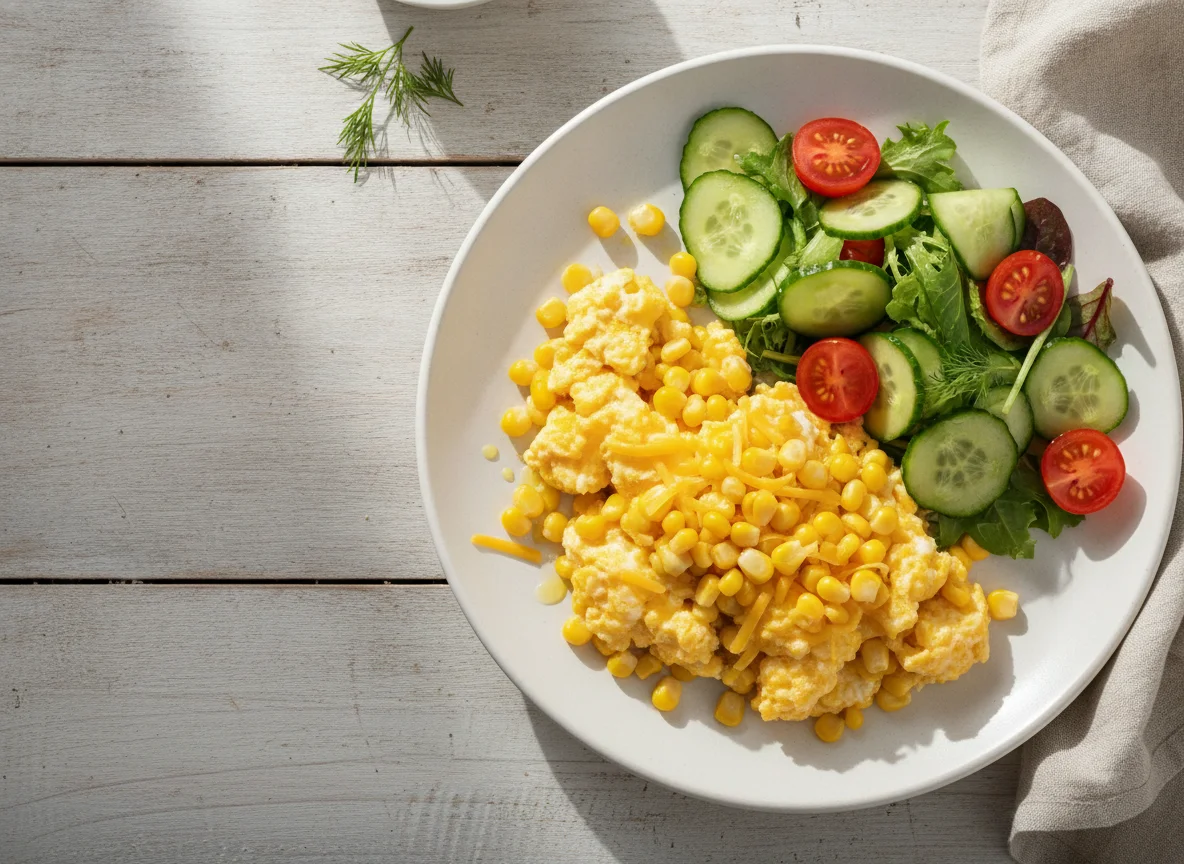Scrambled Eggs with Corn and Cucumber Salad photo