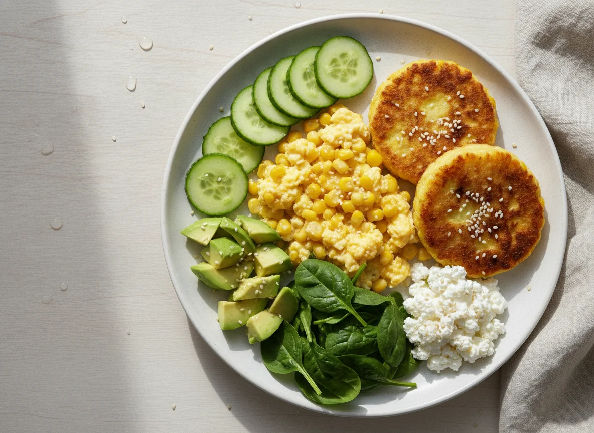 Scrambled eggs with corn cakes and vegetables photo