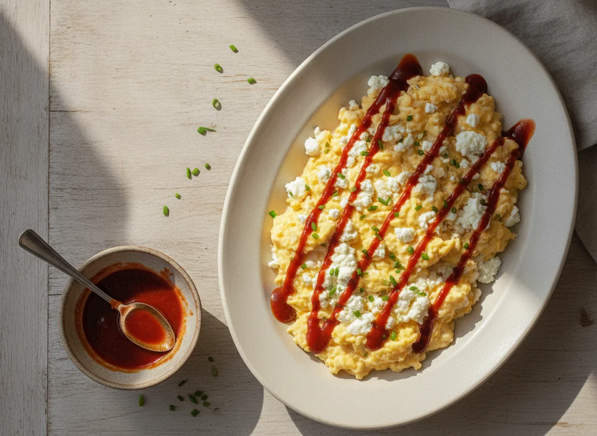 Scrambled eggs with cottage cheese and hot sauce photo
