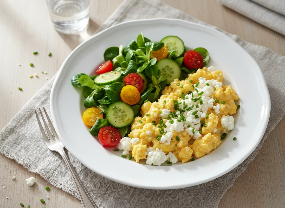 Scrambled Eggs with Cottage Cheese and Salad photo