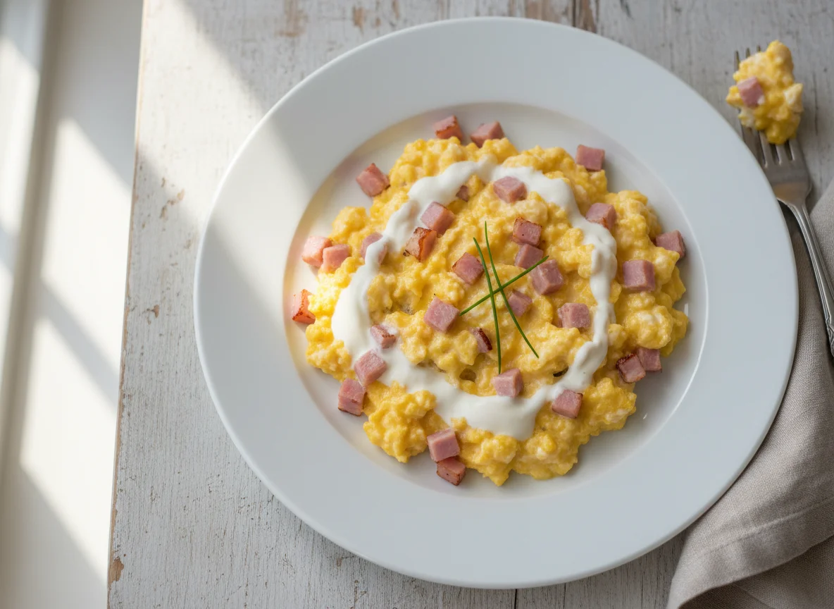 Scrambled eggs with cream and ham photo