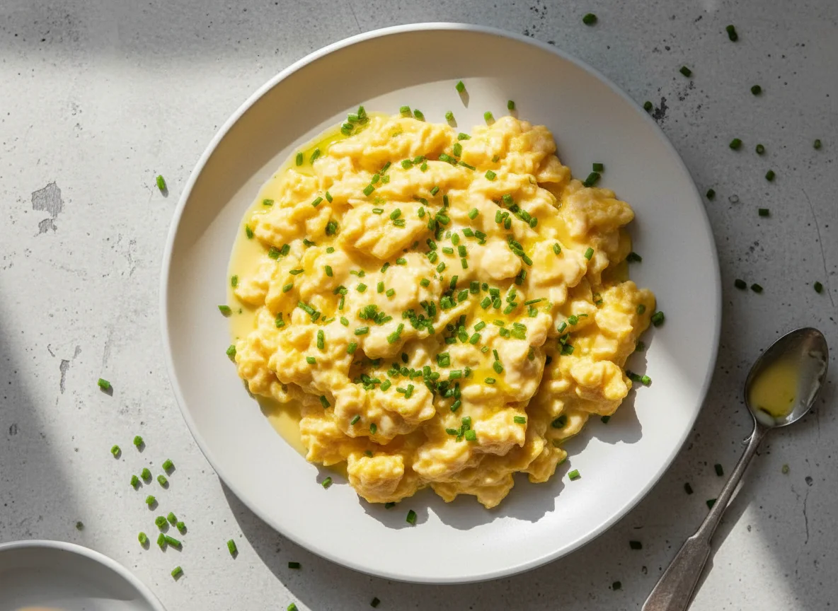 Scrambled Eggs with Creamy Sauce and Chives photo