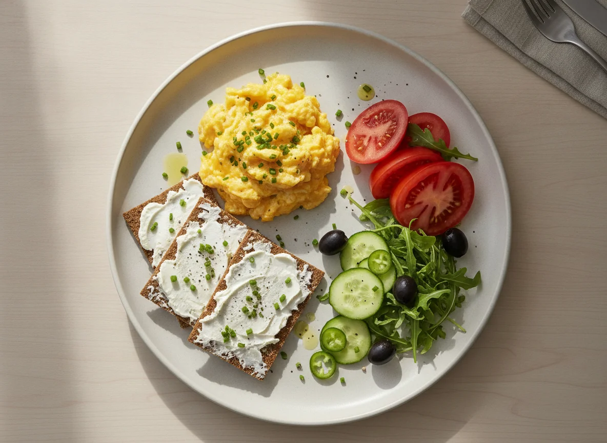 Scrambled eggs with crispbread and fresh vegetables photo