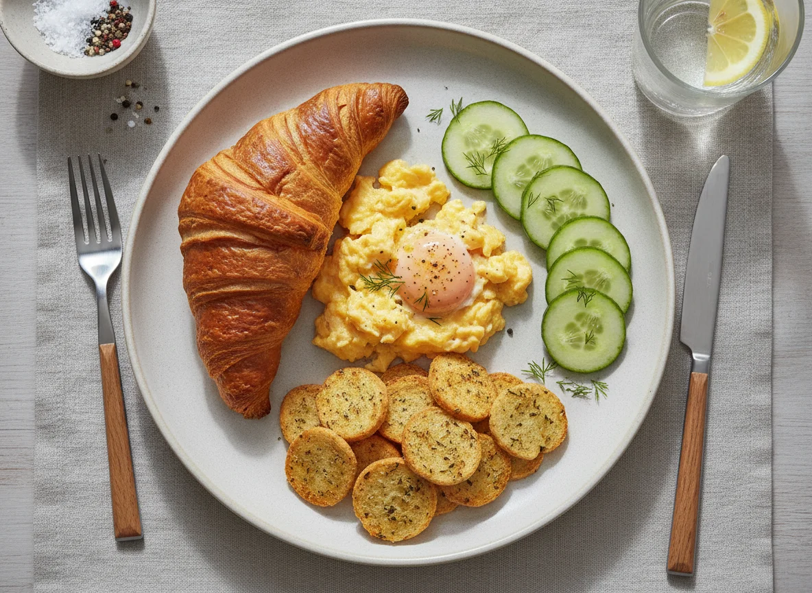 Scrambled eggs with croissant, cucumber and bread chips photo