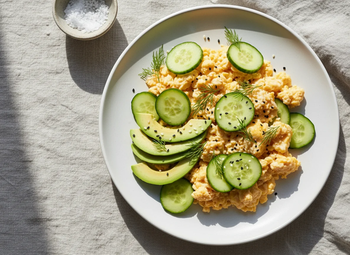 Scrambled Eggs with Cucumber and Avocado photo