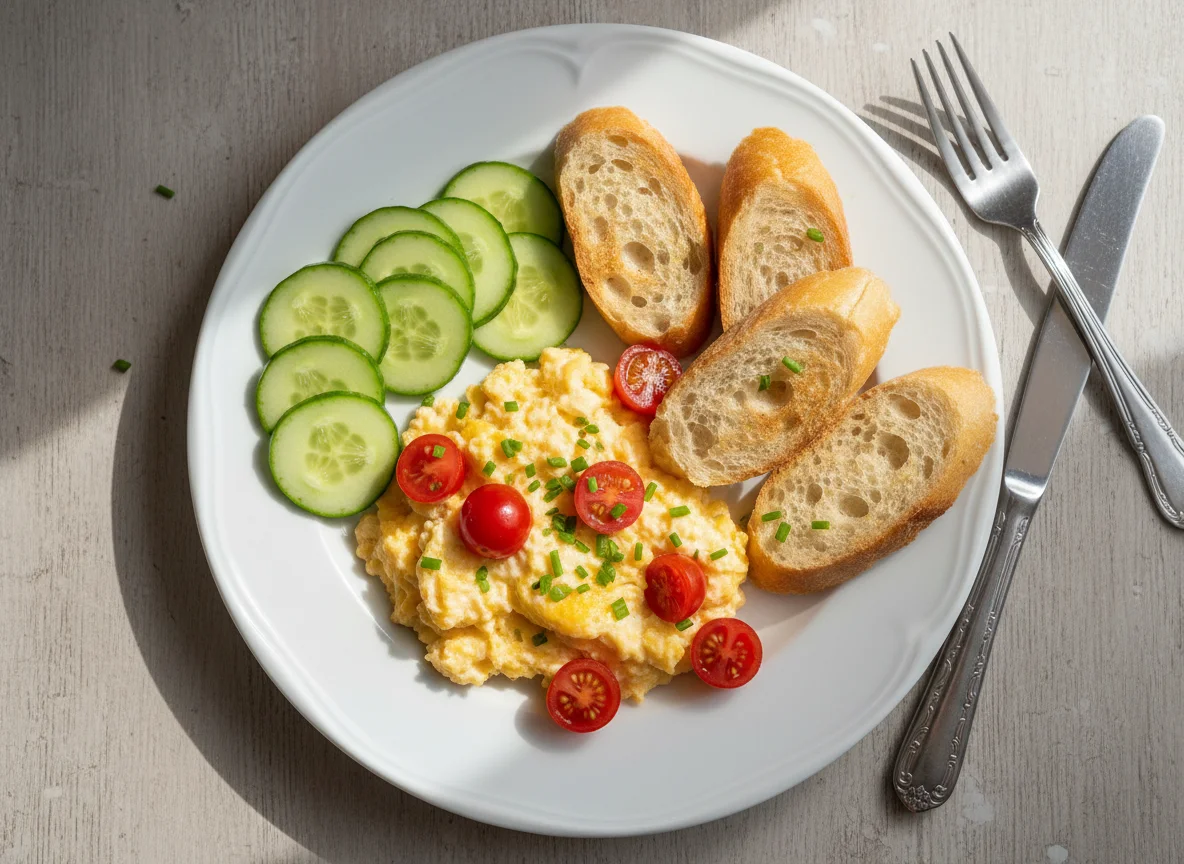 Scrambled Eggs with Cucumber and Bread photo