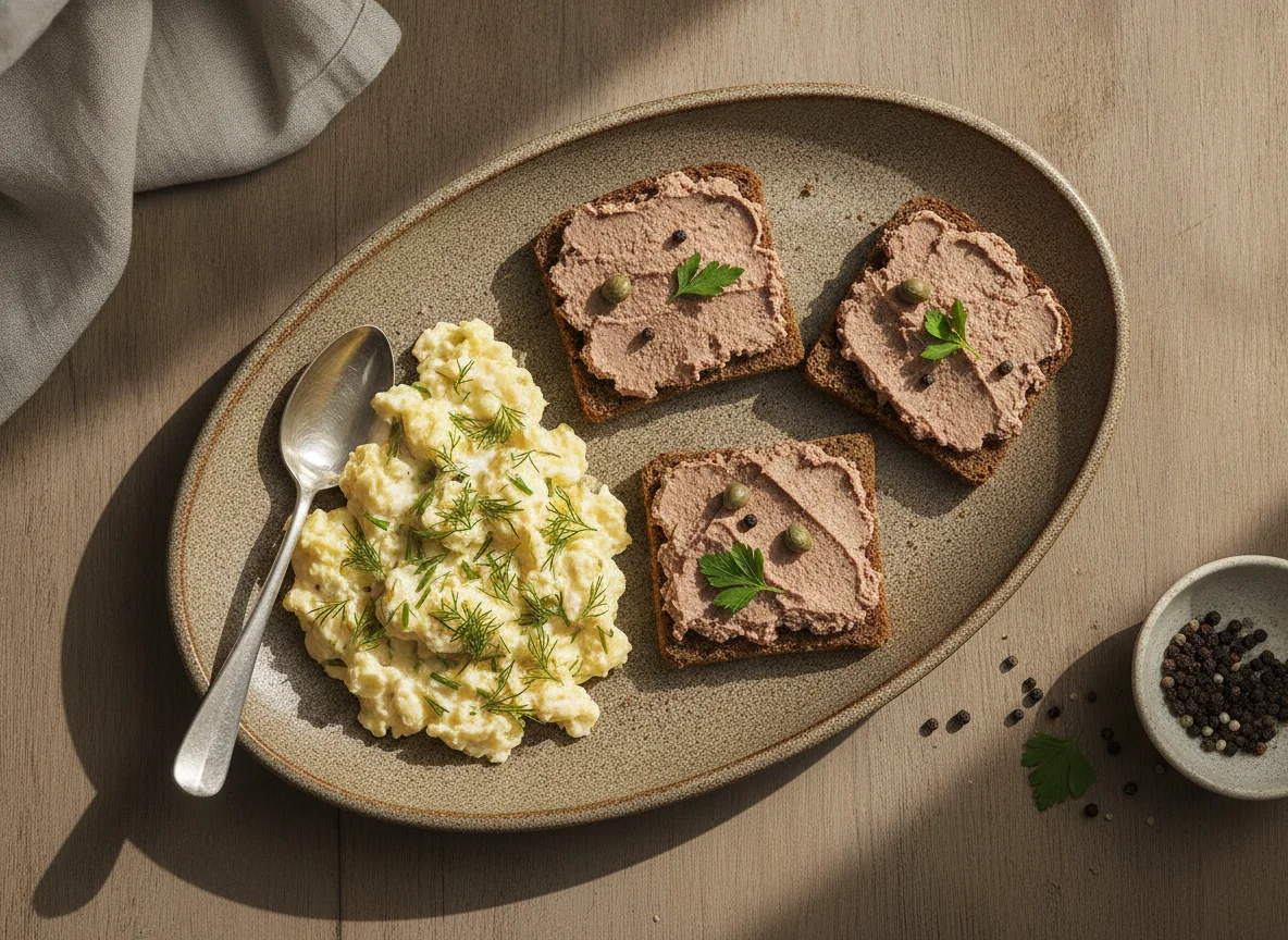 Scrambled eggs with dill and rye bread with liver pate photo