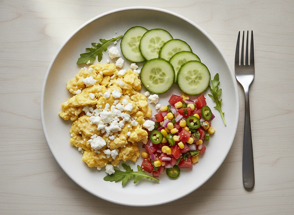 Scrambled Eggs with Feta, Cucumber, and Salsa photo