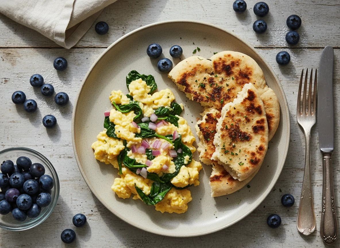 Scrambled Eggs with Flatbread and Blueberries photo