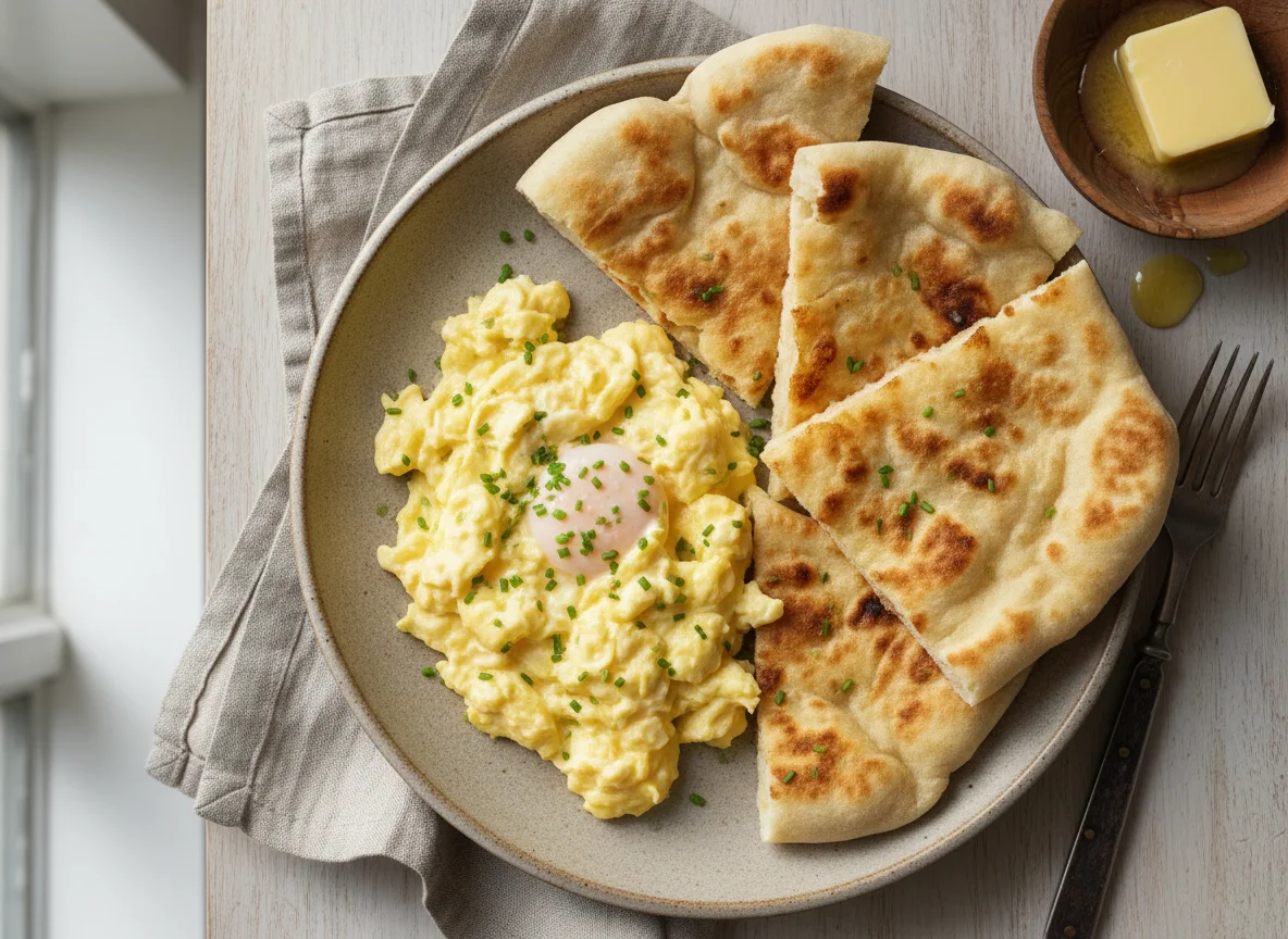 Scrambled Eggs with Flatbread and Butter photo