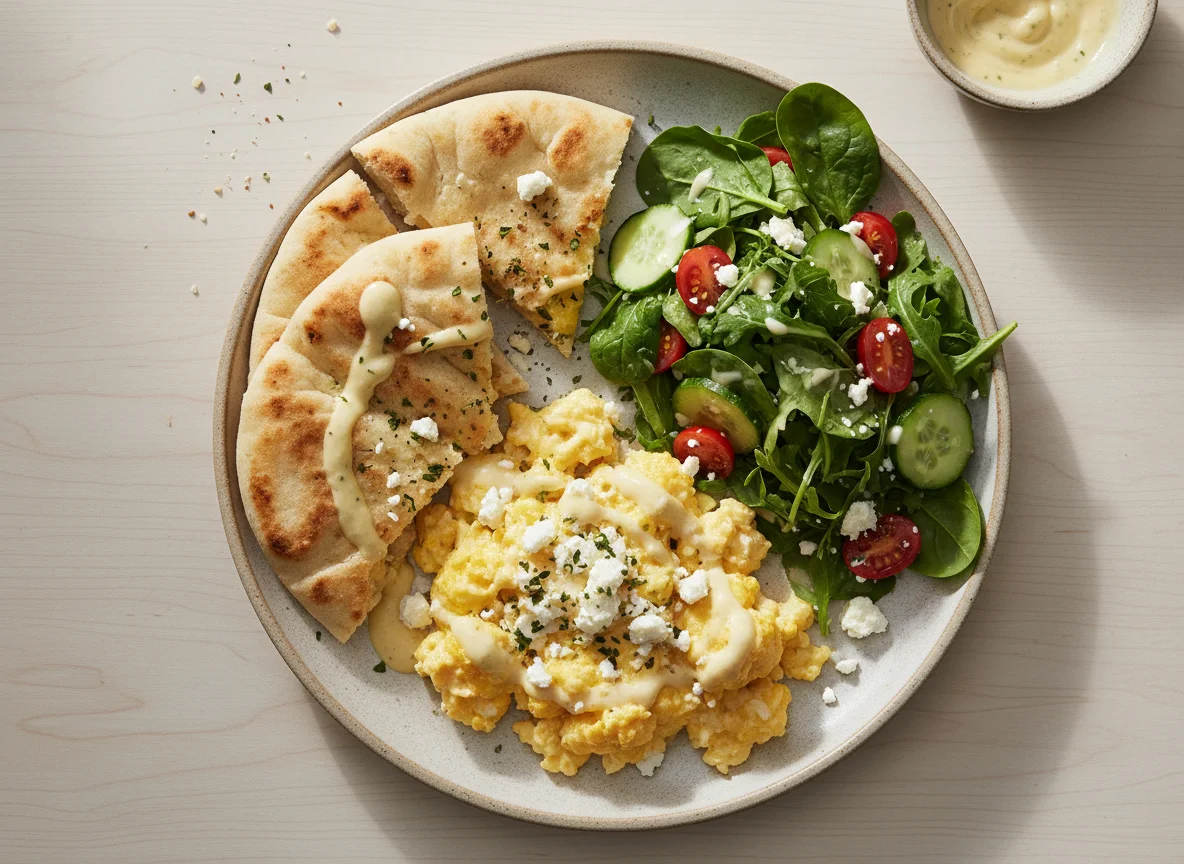 Scrambled Eggs with Flatbread and Salad photo