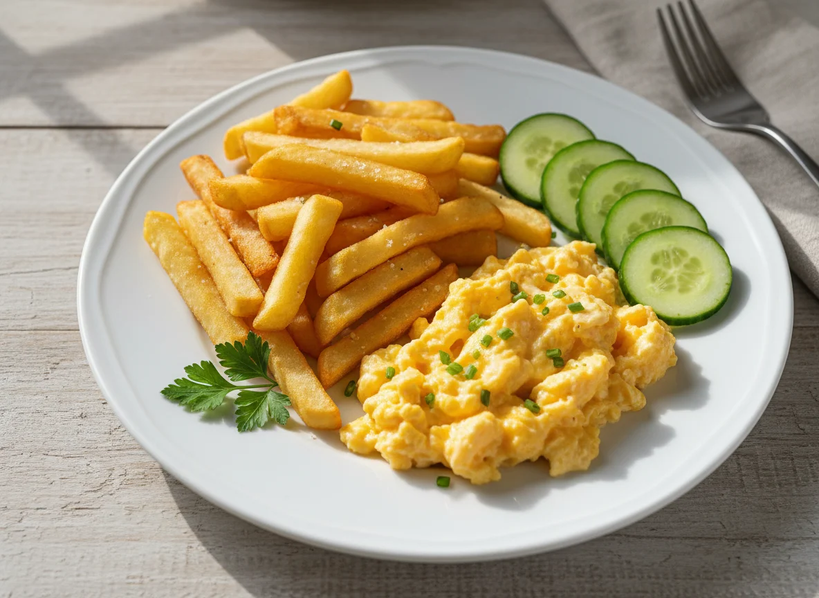 Scrambled Eggs with French Fries and Cucumber photo