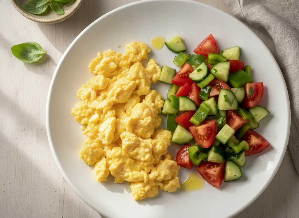 Scrambled eggs with fresh vegetable salad photo