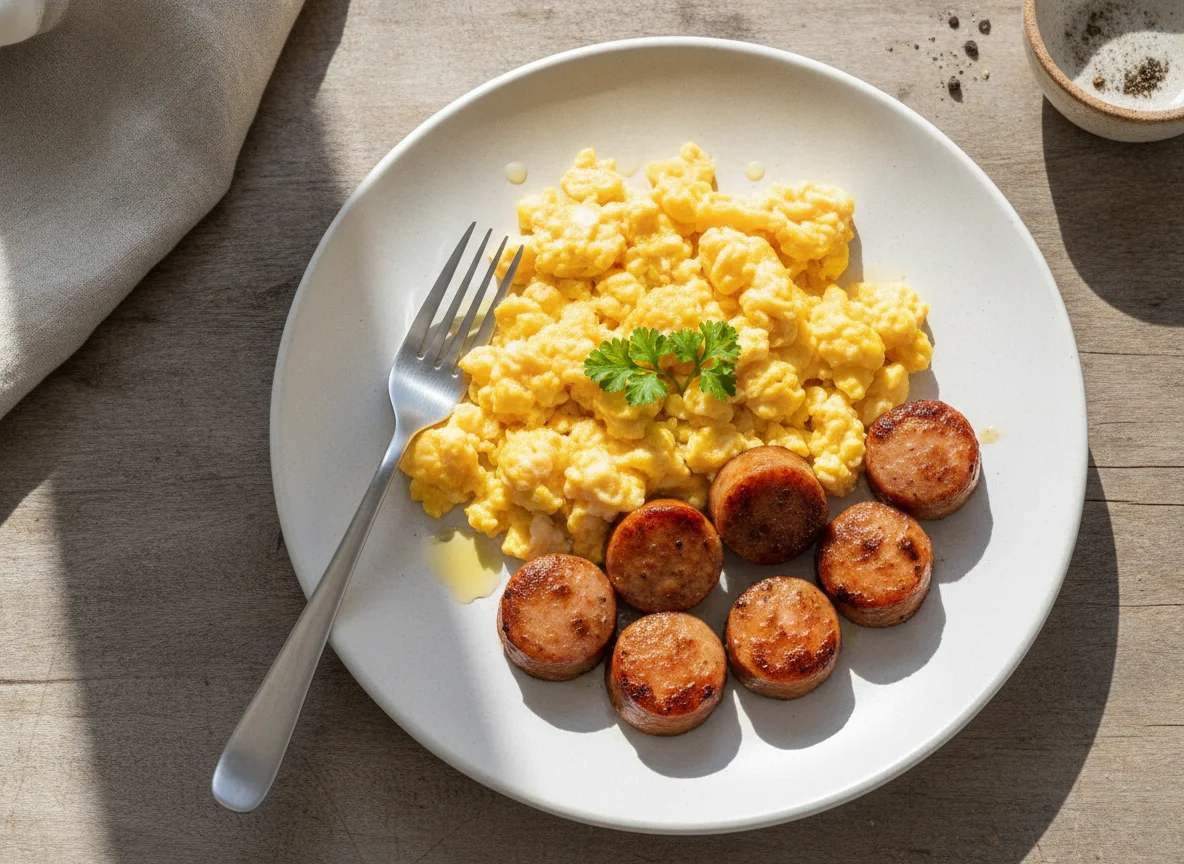 Scrambled eggs with fried sausage photo