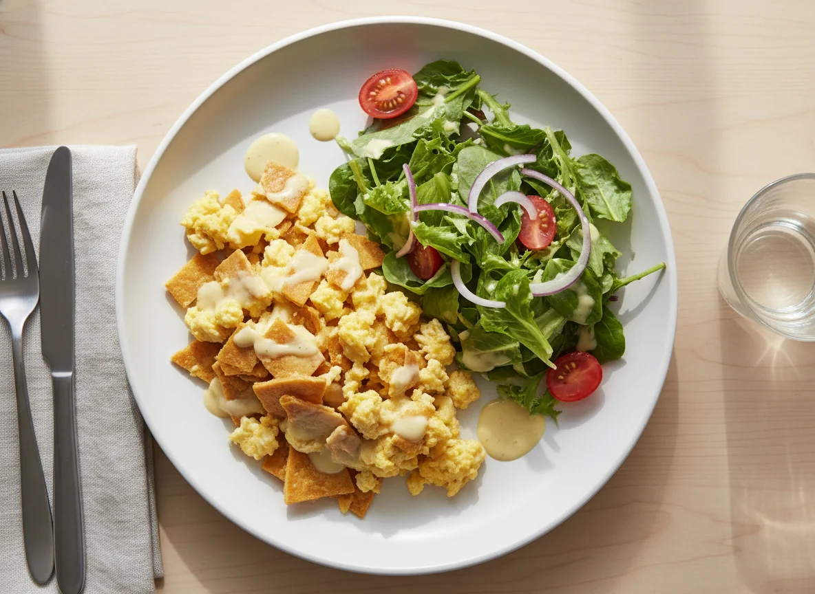Scrambled Eggs with Fried Tortillas and Salad photo