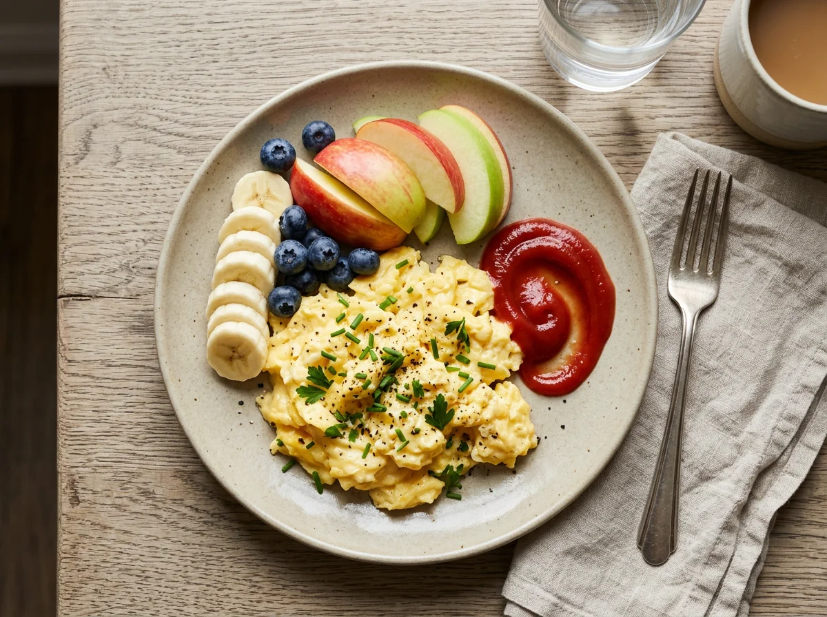 Scrambled eggs with fruit and ketchup photo