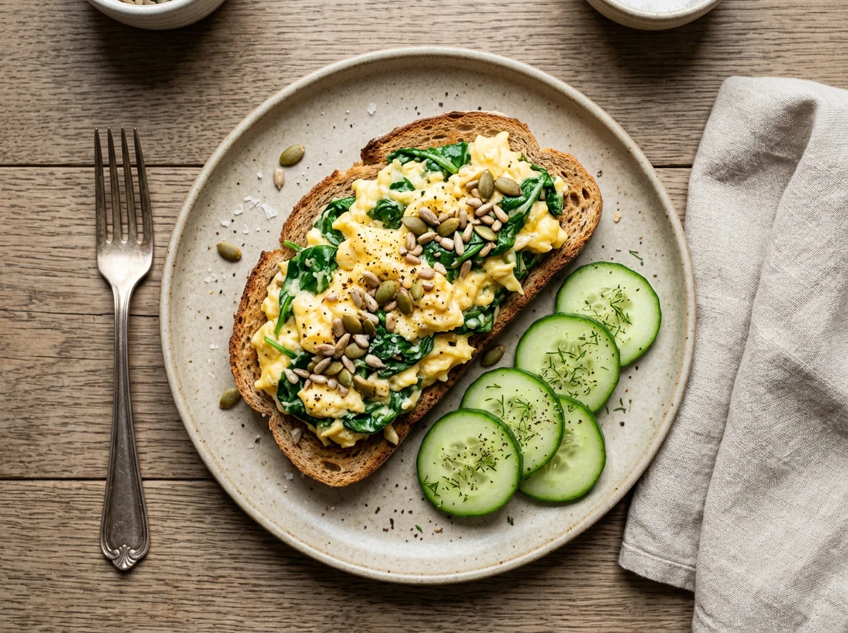 Scrambled Eggs with Greens on Toast and Cucumber photo