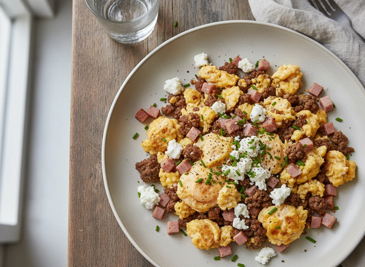 Scrambled Eggs with Ground Beef, Turkey Ham, and Feta Cheese photo