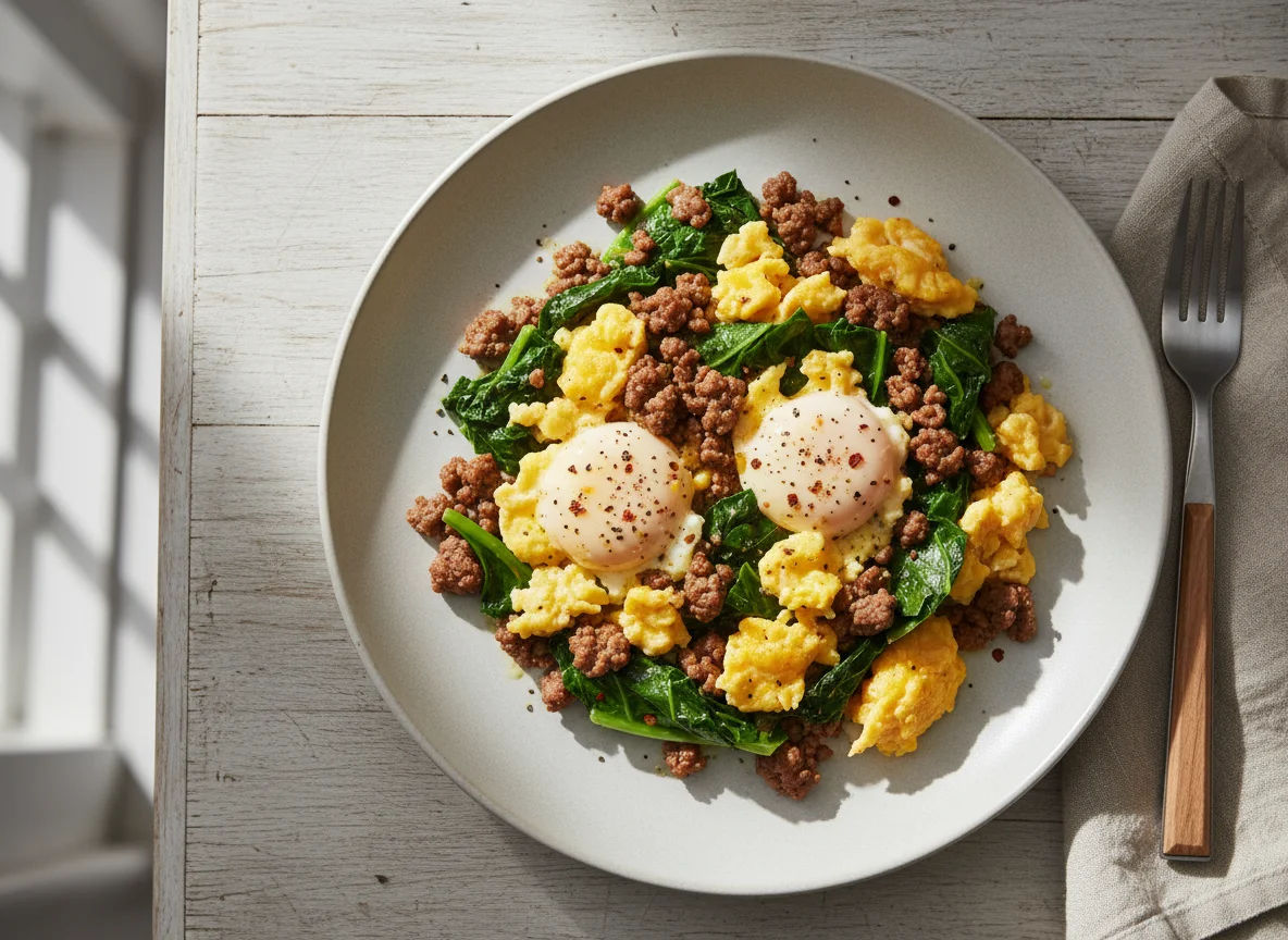 Scrambled Eggs with Ground Meat and Cooked Greens photo