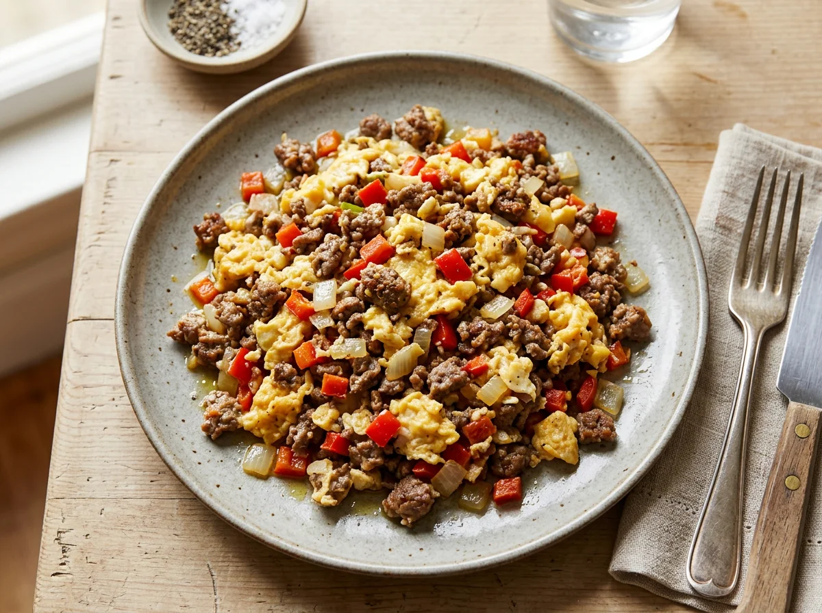 Scrambled Eggs with Ground Meat and Vegetables photo