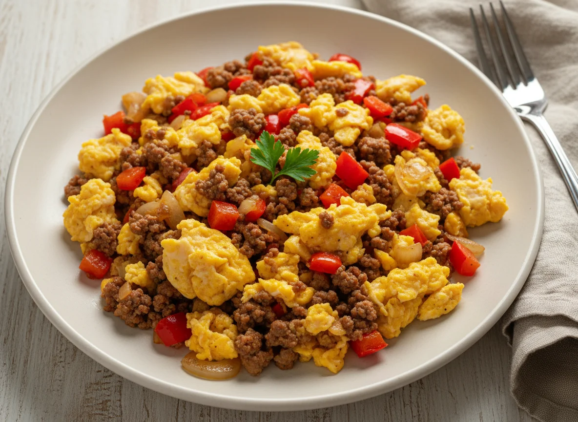 Scrambled Eggs with Ground Meat, Bell Pepper and Onion photo