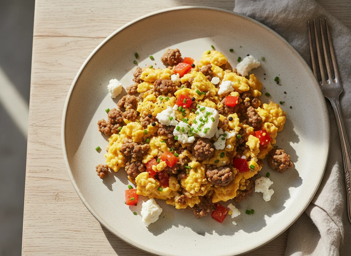 Scrambled Eggs with Ground Meat, Feta, and Bell Pepper photo