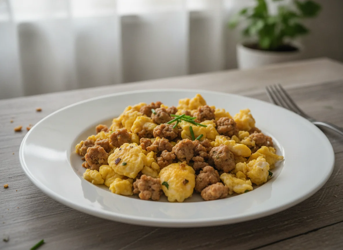 Scrambled eggs with ground turkey photo