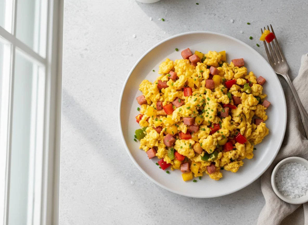 Scrambled Eggs with Ham and Bell Peppers photo
