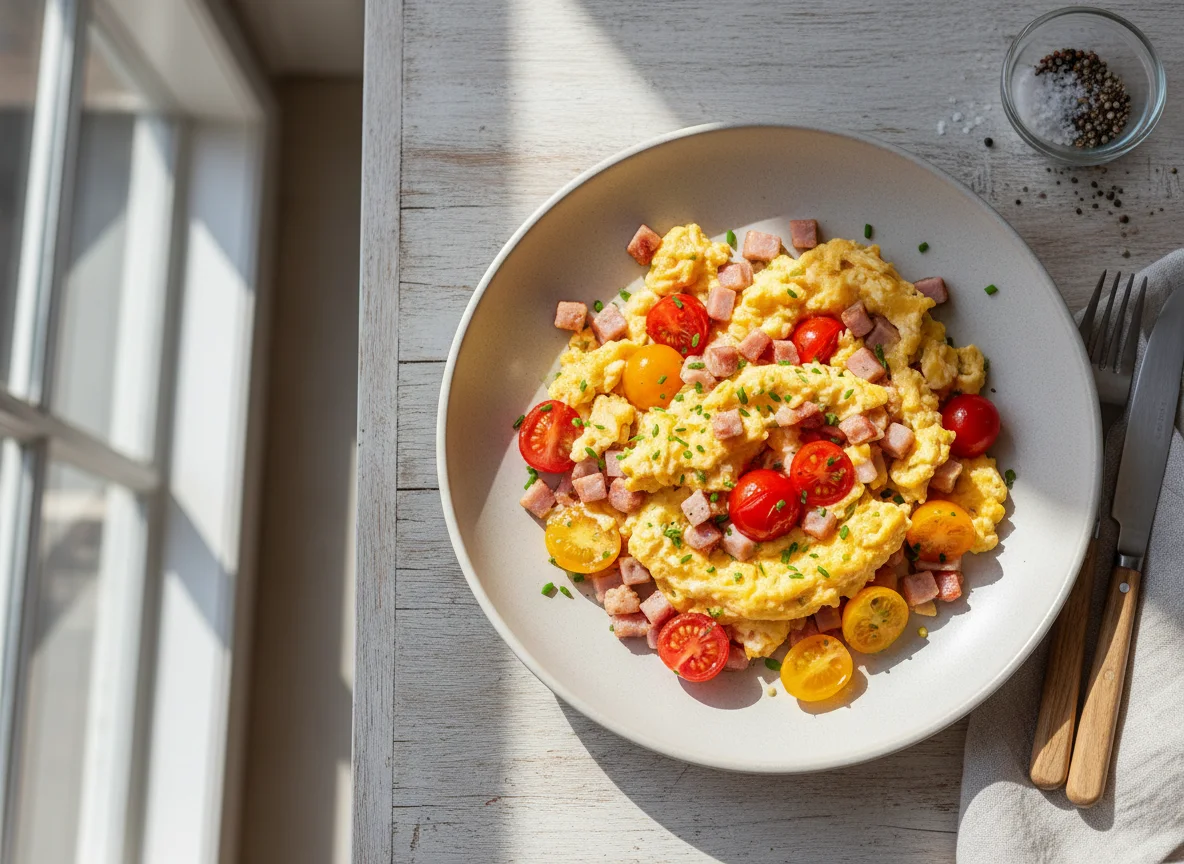 Scrambled Eggs with Ham and Cherry Tomatoes photo
