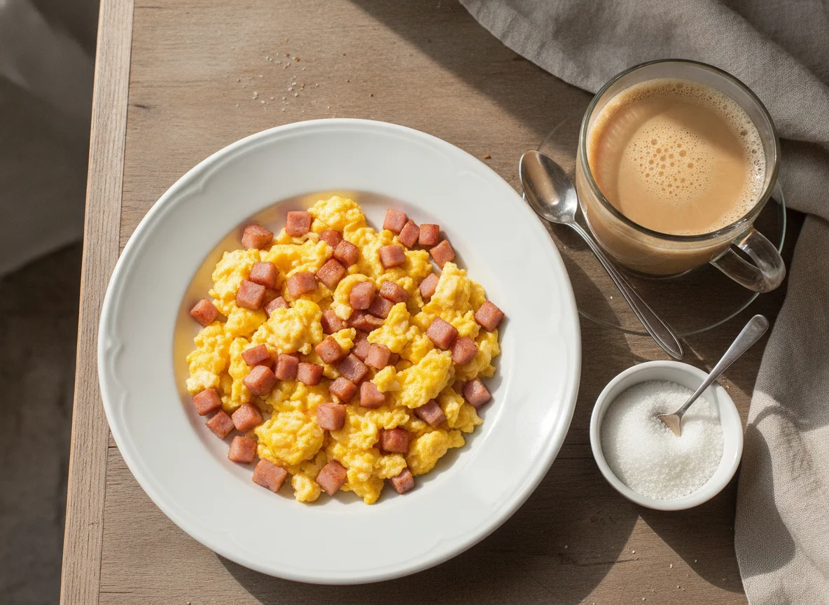 Scrambled eggs with ham and coffee with milk photo