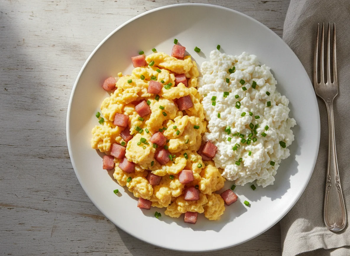 Scrambled eggs with ham and cottage cheese photo