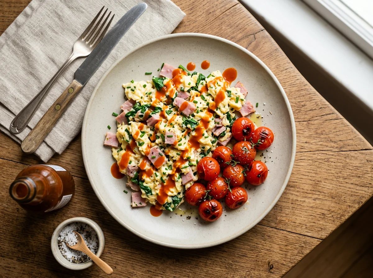Scrambled Eggs with Ham and Hot Sauce photo