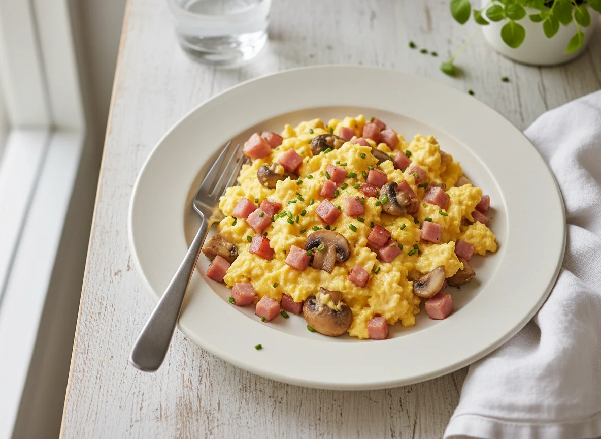 Scrambled Eggs with Ham and Mushrooms photo
