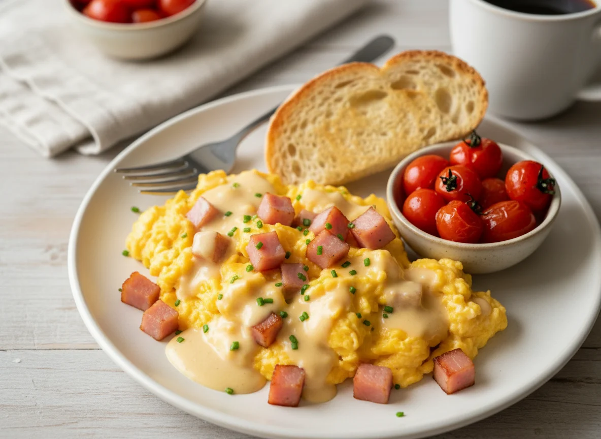 Scrambled Eggs with Ham and Sauce photo