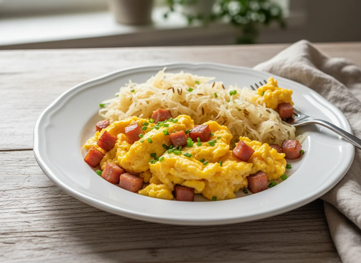 Scrambled Eggs with Ham and Sauerkraut photo