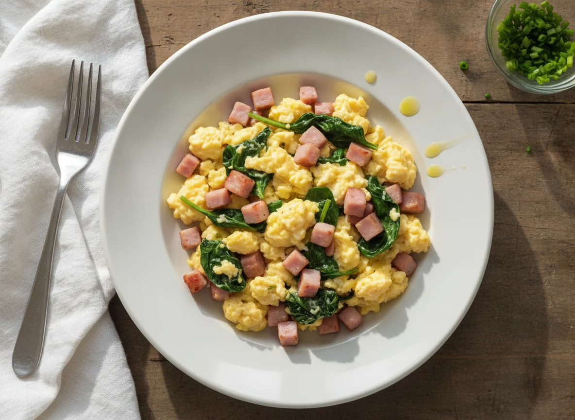 Scrambled Eggs with Ham and Spinach photo