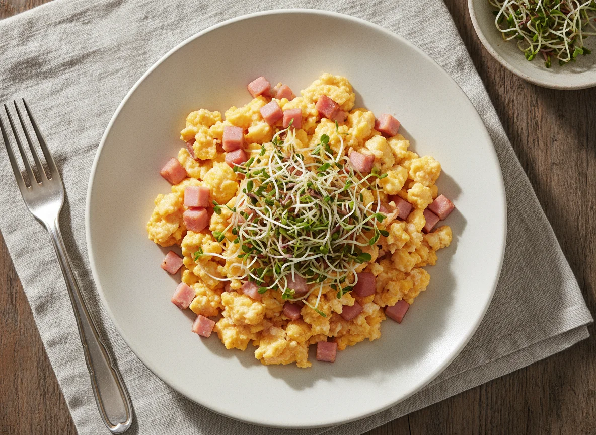 Scrambled eggs with ham and sprouts photo