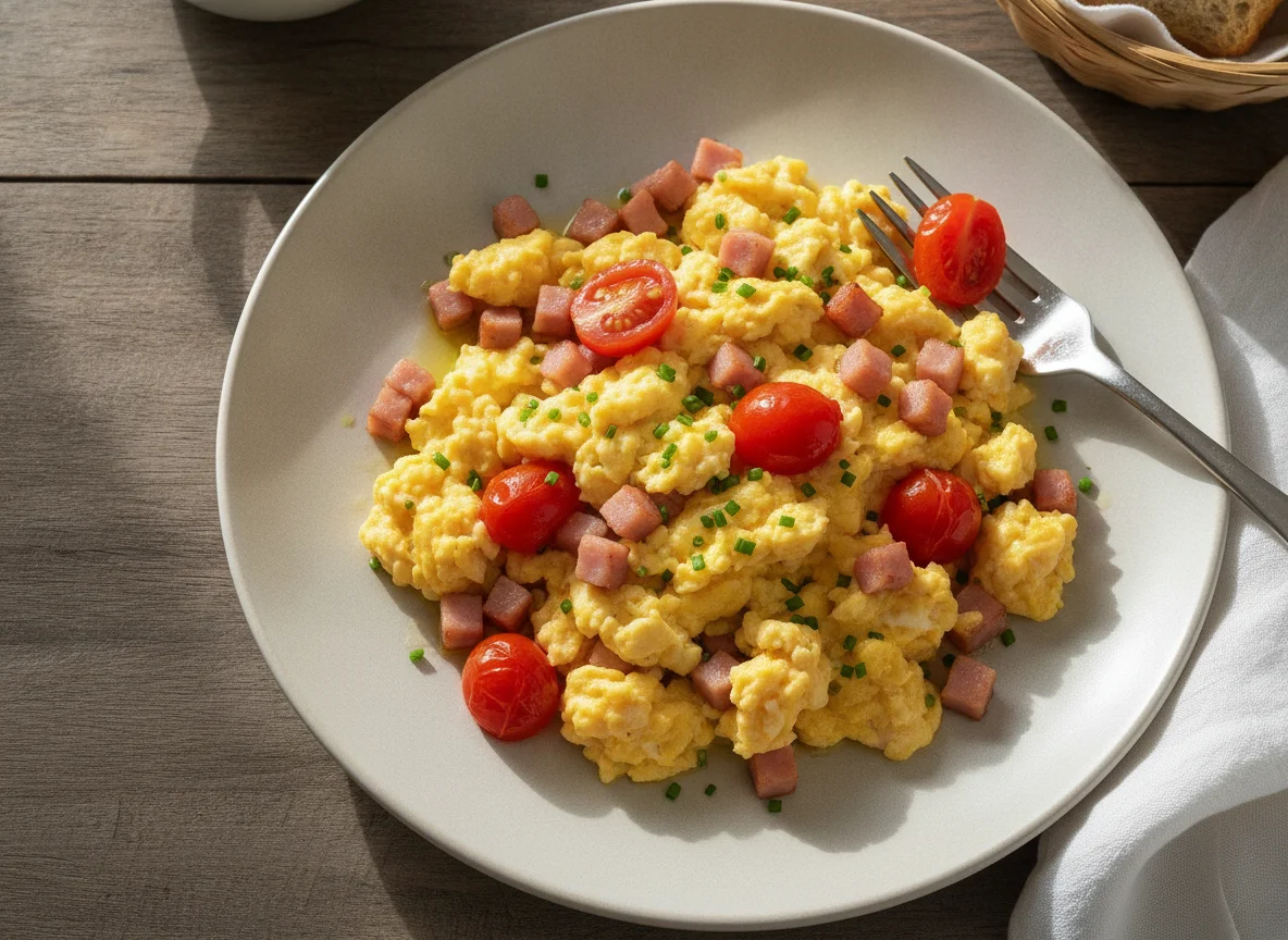 Scrambled eggs with ham and tomato photo