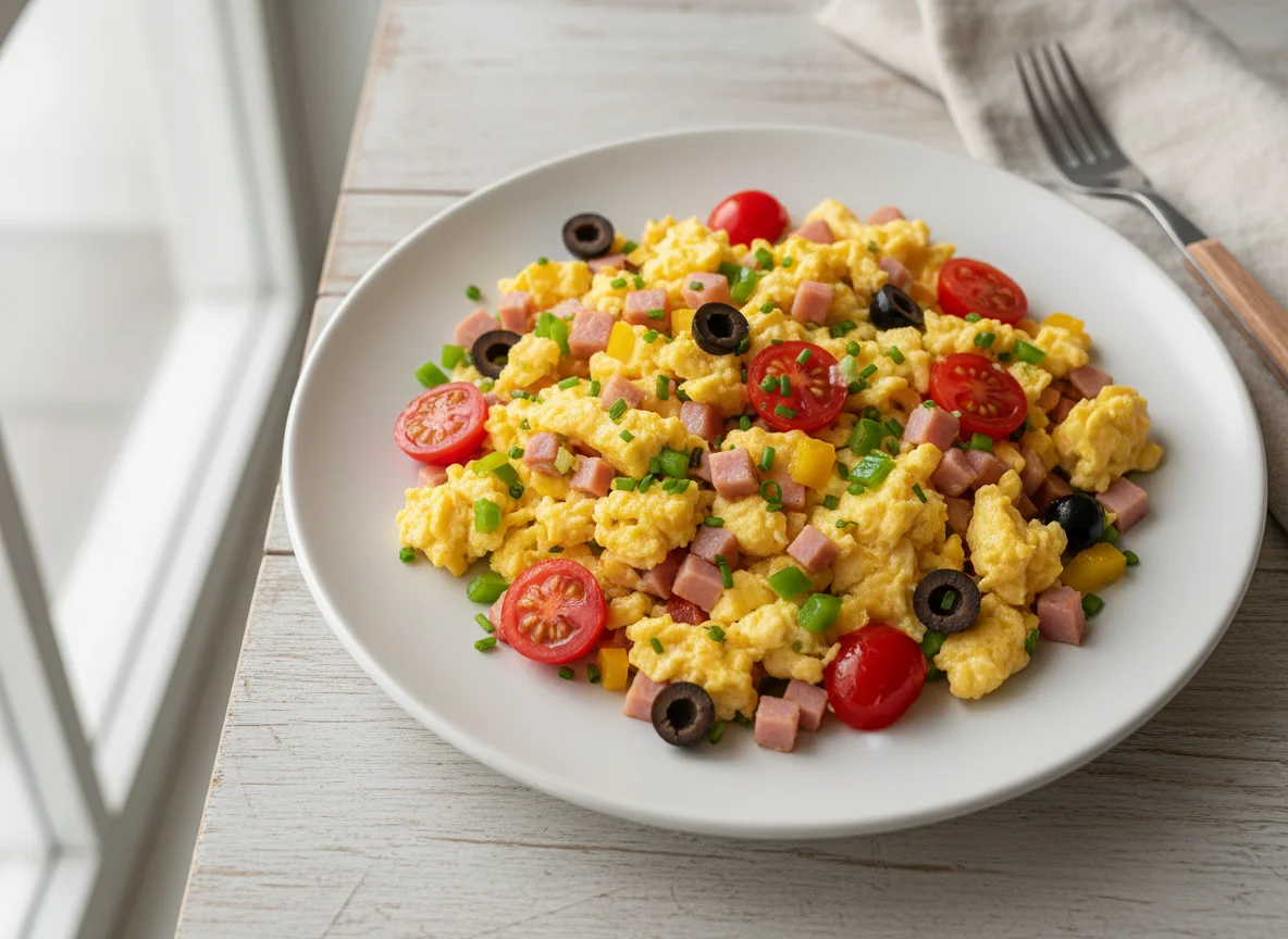 Scrambled Eggs with Ham and Vegetables photo